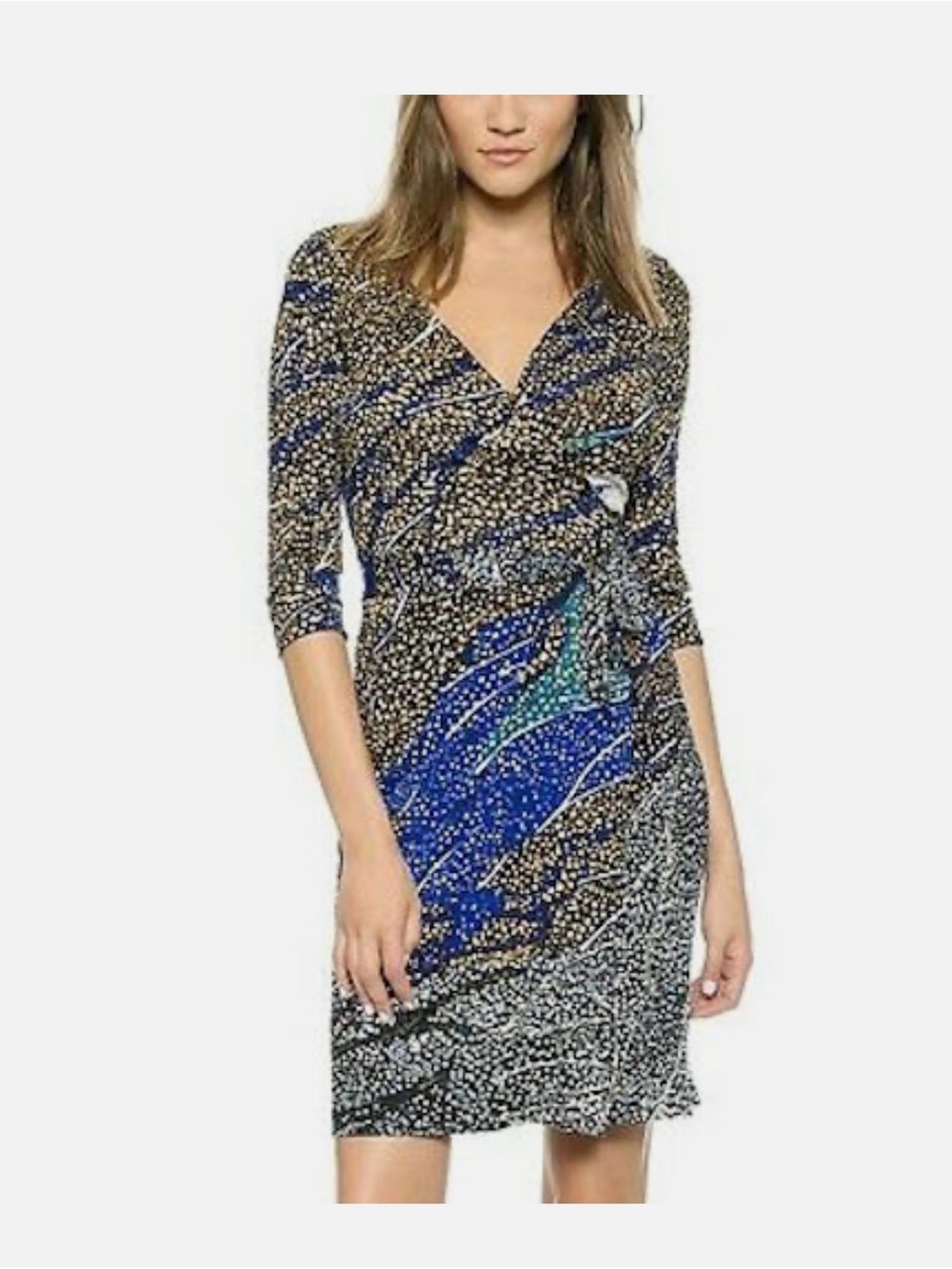 Diane Von Furstenberg Blue and Black Printed Wrap Midi Dress